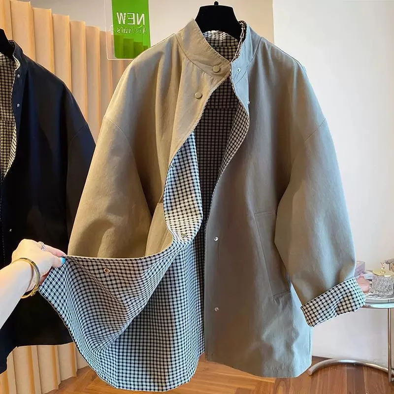 

Новый клетчатый двусторонний длинный плащ в британском стиле, женский осенний свободный элегантный повседневный универсальный ветровка, женская верхняя одежда