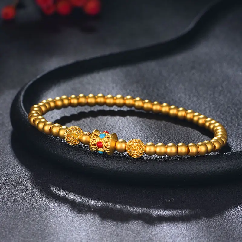 9999 24K real gold ancient transfer bead bracelet exquisite hollow flower mercerized beads small golden bean bracelet female