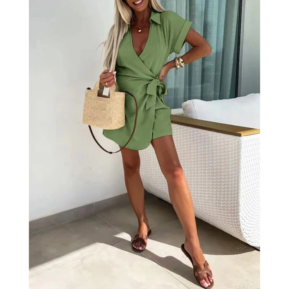 New In Shorts Playsuit Summer Women Short Sleeve V Neck Rompers Casual Turn-down Collar Lace-up One Piece Outfits Streetwear y2k