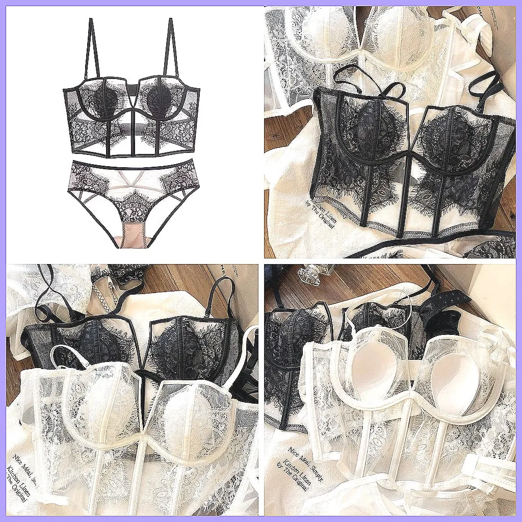 

Sexy Fishnet Lace Vest Bra Set with Underwire, Anti-Sagging Women's Lingerie for Large Size