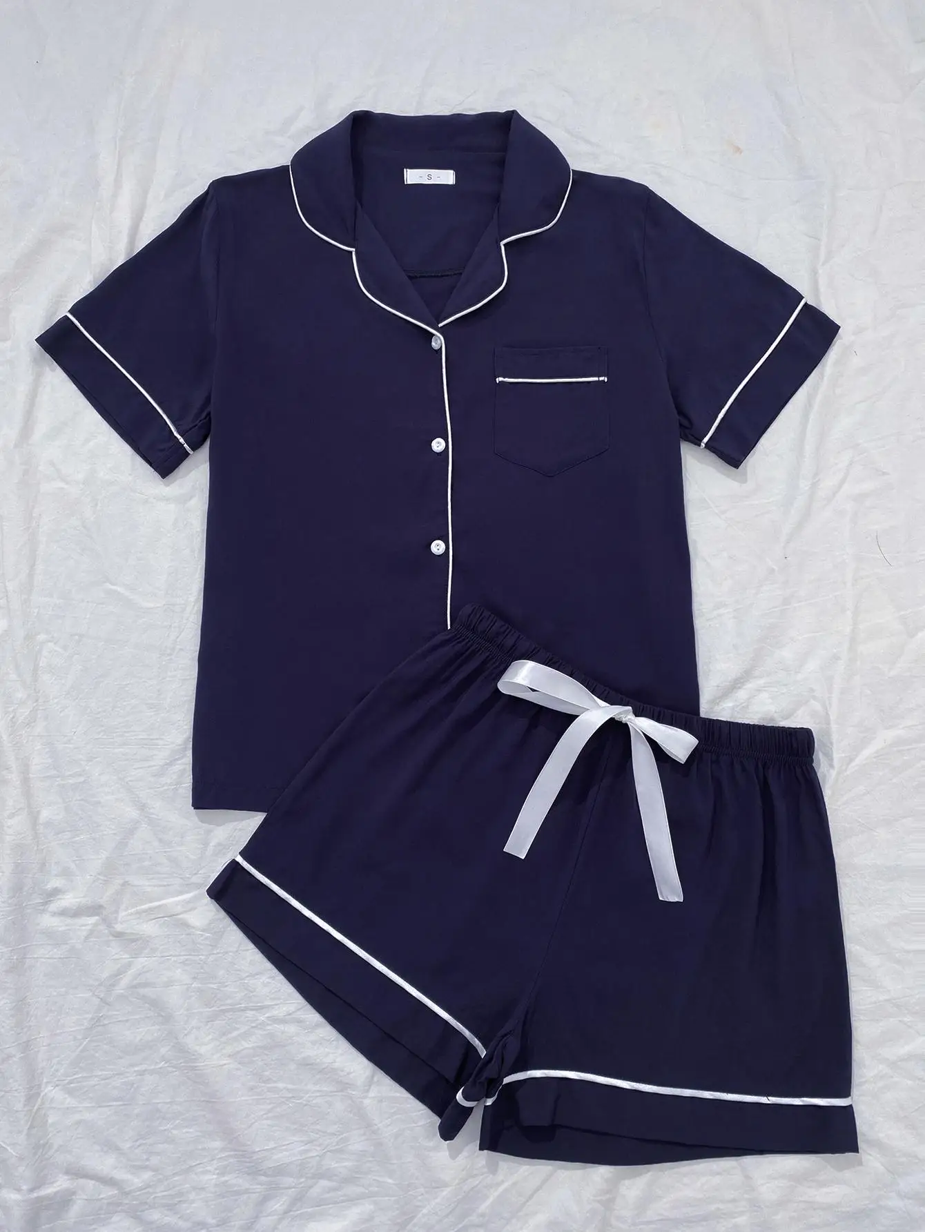 Summer Women\'s Pajamas Sets Short Sleeve Notched Collar Top Tee Button Down Elastic Waist Shorts Home Suit Loungewear Sleepwear