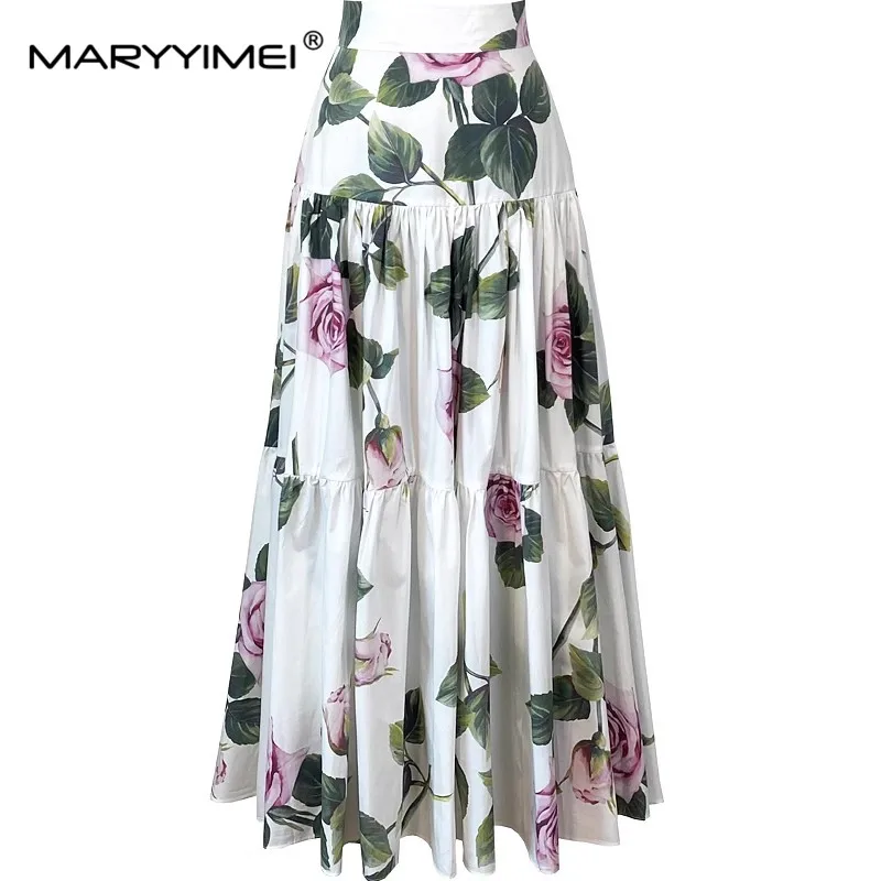 

MARYYIMEI Fashion New Summer Fashion Women's Rose Floral-Print Casual High quality Cotton Skirt