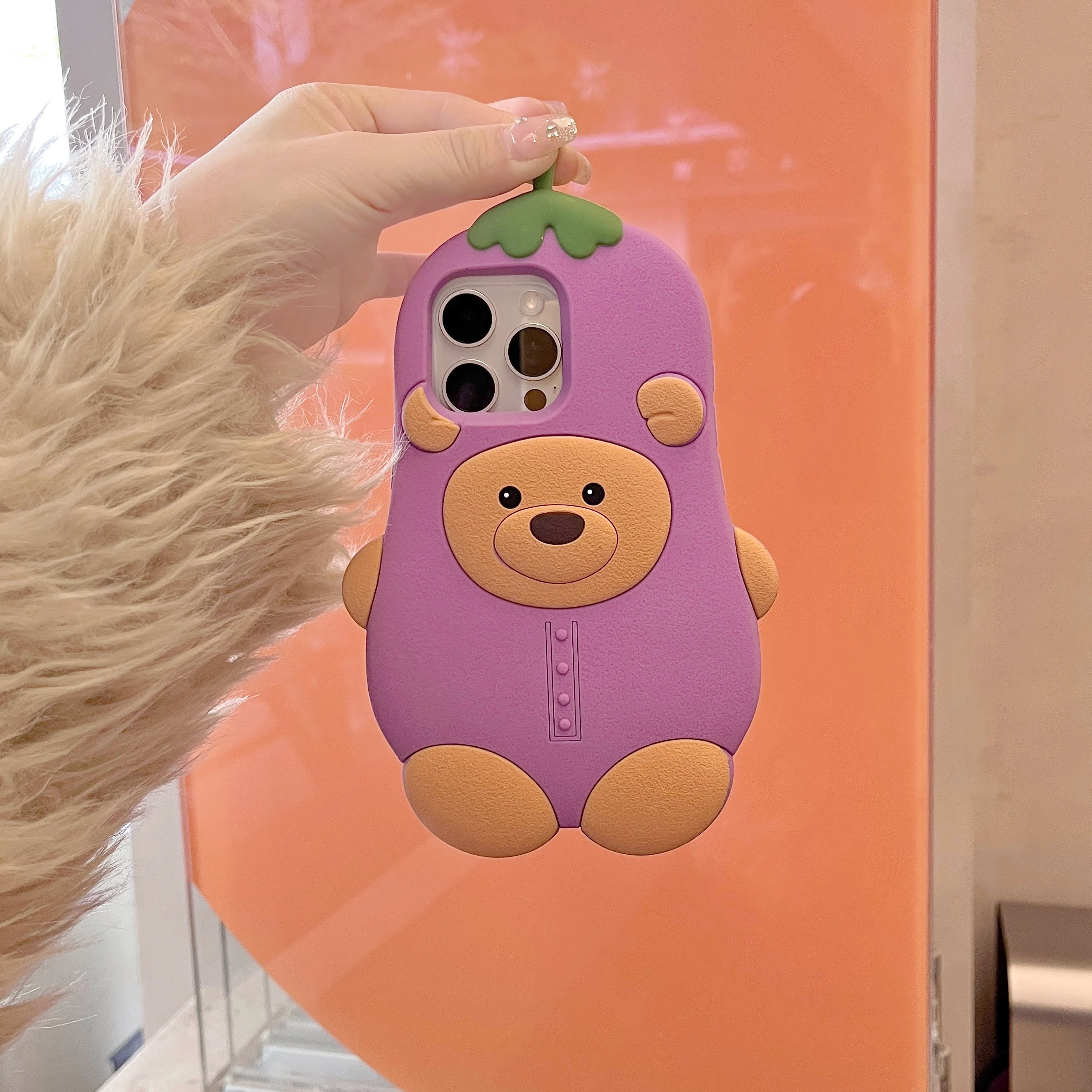

Cute 3D Purple eggplant Bear Cartoon Phone Case For iPhone 16 Pro Max 15 14 Plus 13 12 Pro Max Cute Soft Silicone Cover ﻿