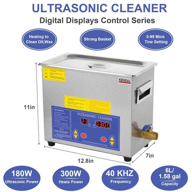 Pulitore ad ultrasuoni Kendal di grado commerciale 180 watt 6L 40 kHz con timer digitale e macchina per la pulizia del riscaldatore, per strumenti per orologi