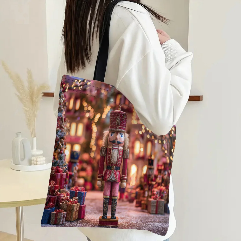 Nutcracker Christmas Tote Bag Large Reusable Holiday Party Bag with Nutcracker Soldier Print Durable Top Handle Shoulder Bag