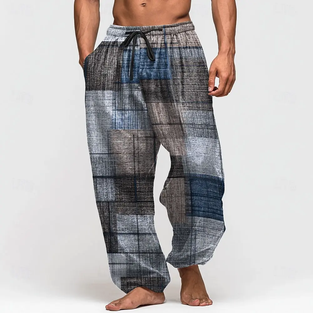 2025 Men's Geometric Color Block Pants Trousers Mid Waist Drawstring Elastic Waist Casual Outdoor Wide-leg Trousers for Men