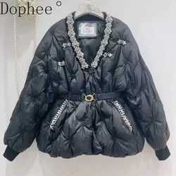 2025 New Autumn Winter Women Long Sleeve Parkas Single-breasted Beaded Diamond V-neck Casual Wadded Jacket Cotton-padded Coat