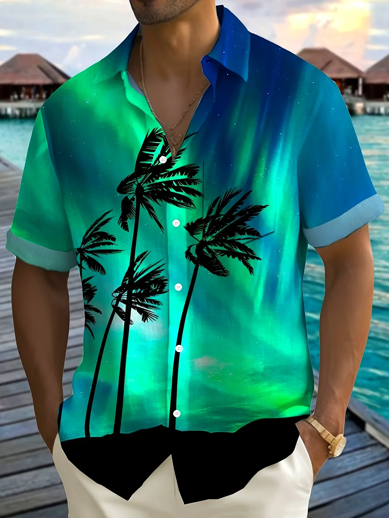 Aurora Tropical Palm Aloha Shirt Men Neon Green Blue Gradient Night Sky Coconut Tree Print Loose Lightweight Vacation Casual Top