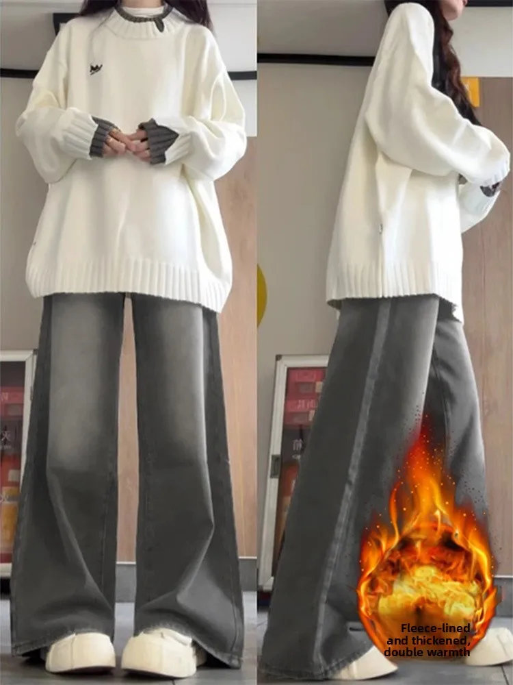 

Women's Fleece Lined Wide Leg Jeans High Waist Straight Cut Long Pants Autumn Winter plus Size Slimming Loose Fit Casual Denim