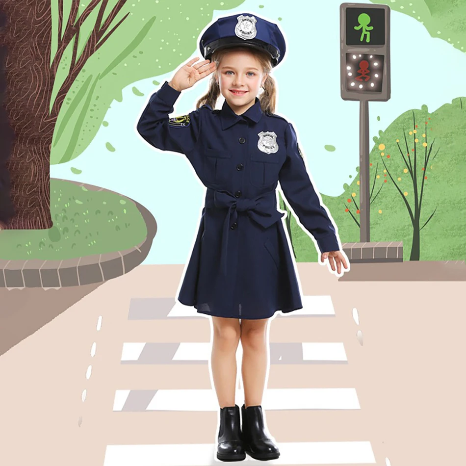 Super Cute Halloween Clothing Girls Long Sleeve Police Uniform Cosplay Dress Perfect for Kids Role Playing Themed Celebrations