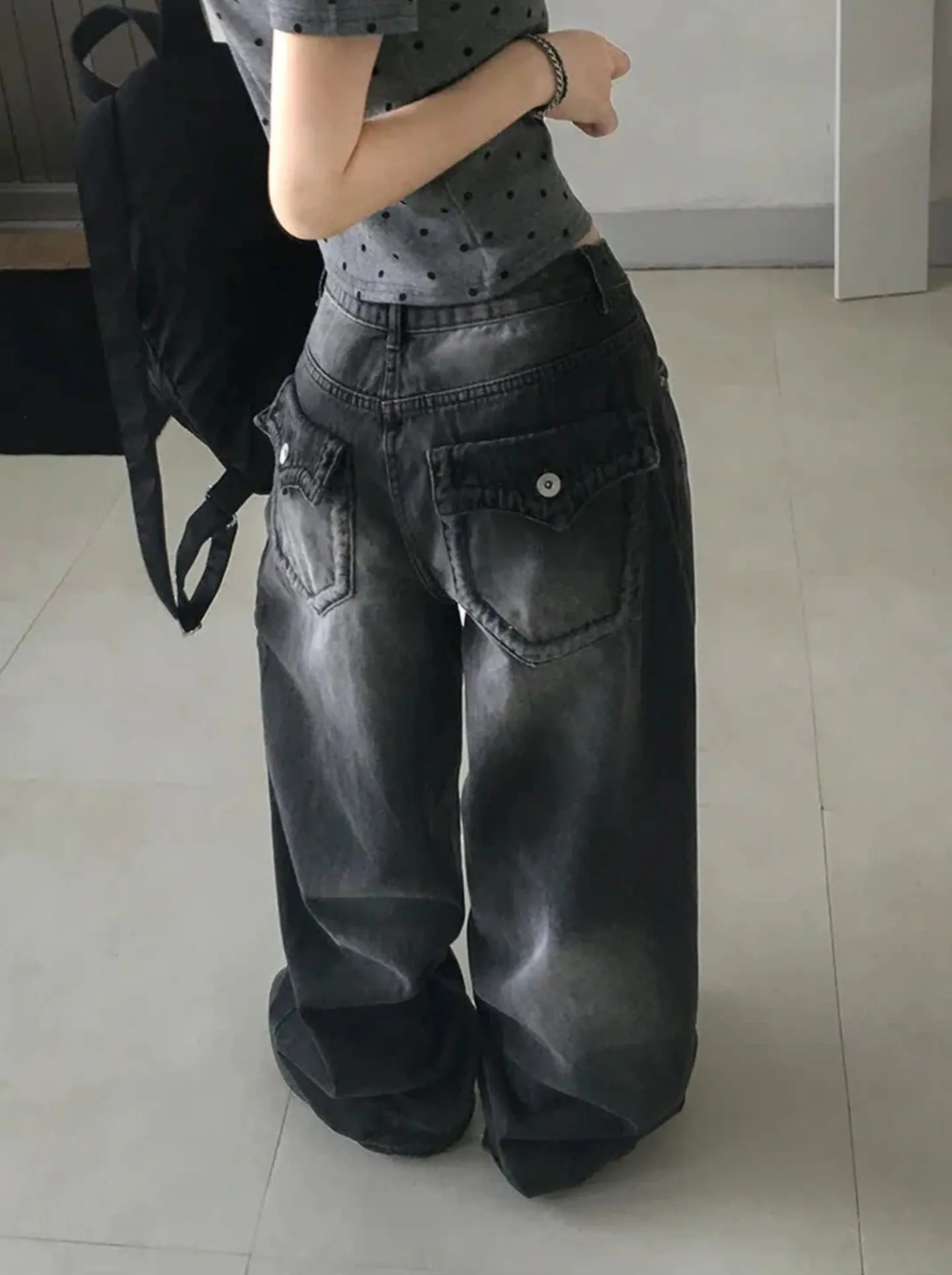 

Ретро-джинсы в американском стиле с эффектом потертости, широкие брюки с высокой талией, прямой крой, свободный силуэт с карманами, весенний городской стиль, женские джинсы