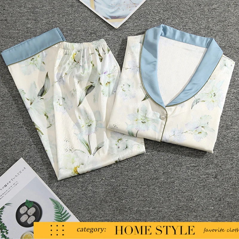 Summer ice and snow silk twill lapel cardigan short-sleeved trousers pajamas women's suit casual sweet printed home clothes