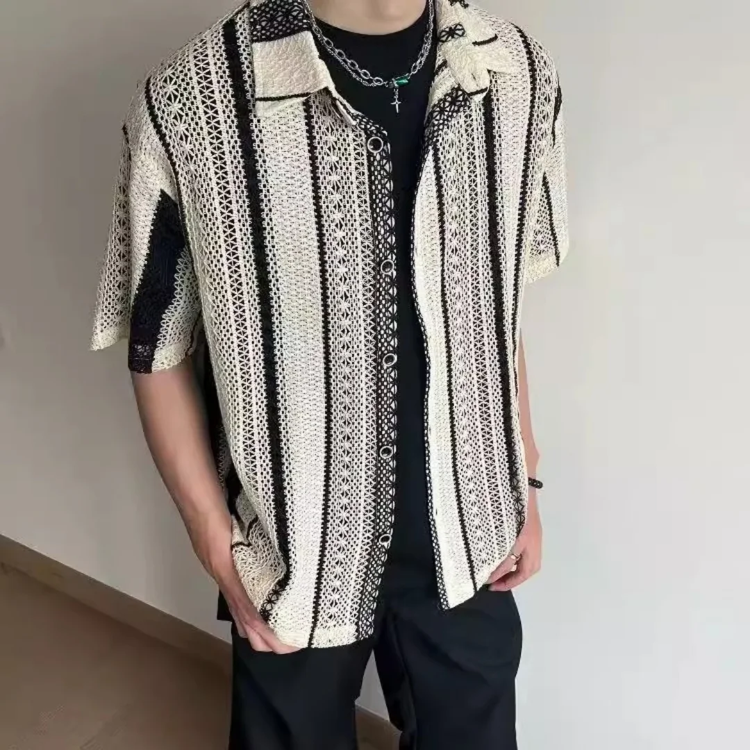 

2026 New Summer Lightweight Hollow Out Color Block Short Sleeve Shirts For Men Unique Design Loose Trendy Tops Casual Shirt