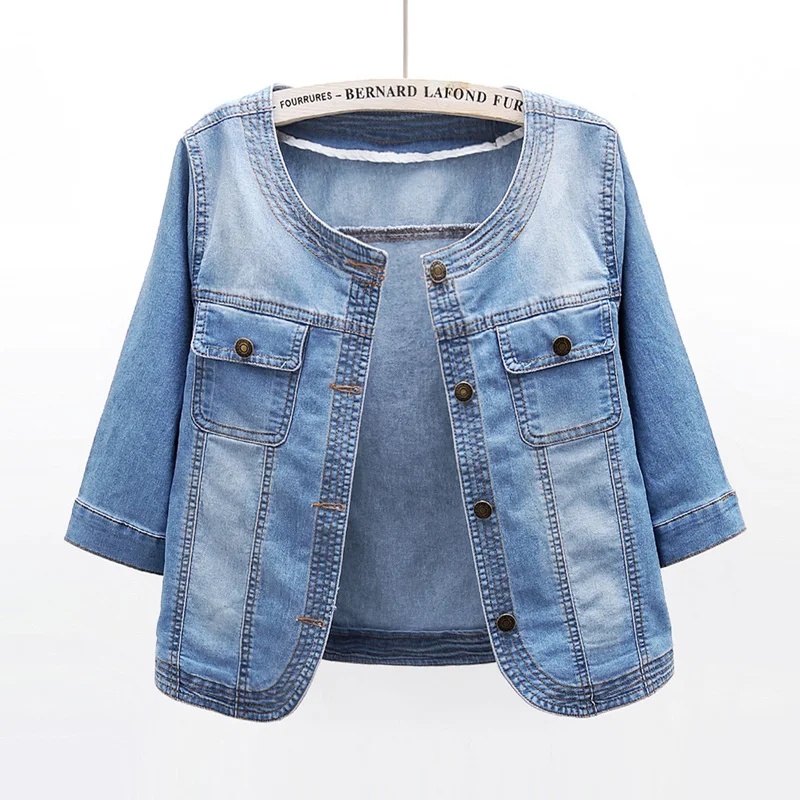 

Spring Autumn Elasticity Slim Short Denim Jacket Women Fashion Washed Blue Outerwear O-Neck Half Sleeve Jeans Jacket Coat Female