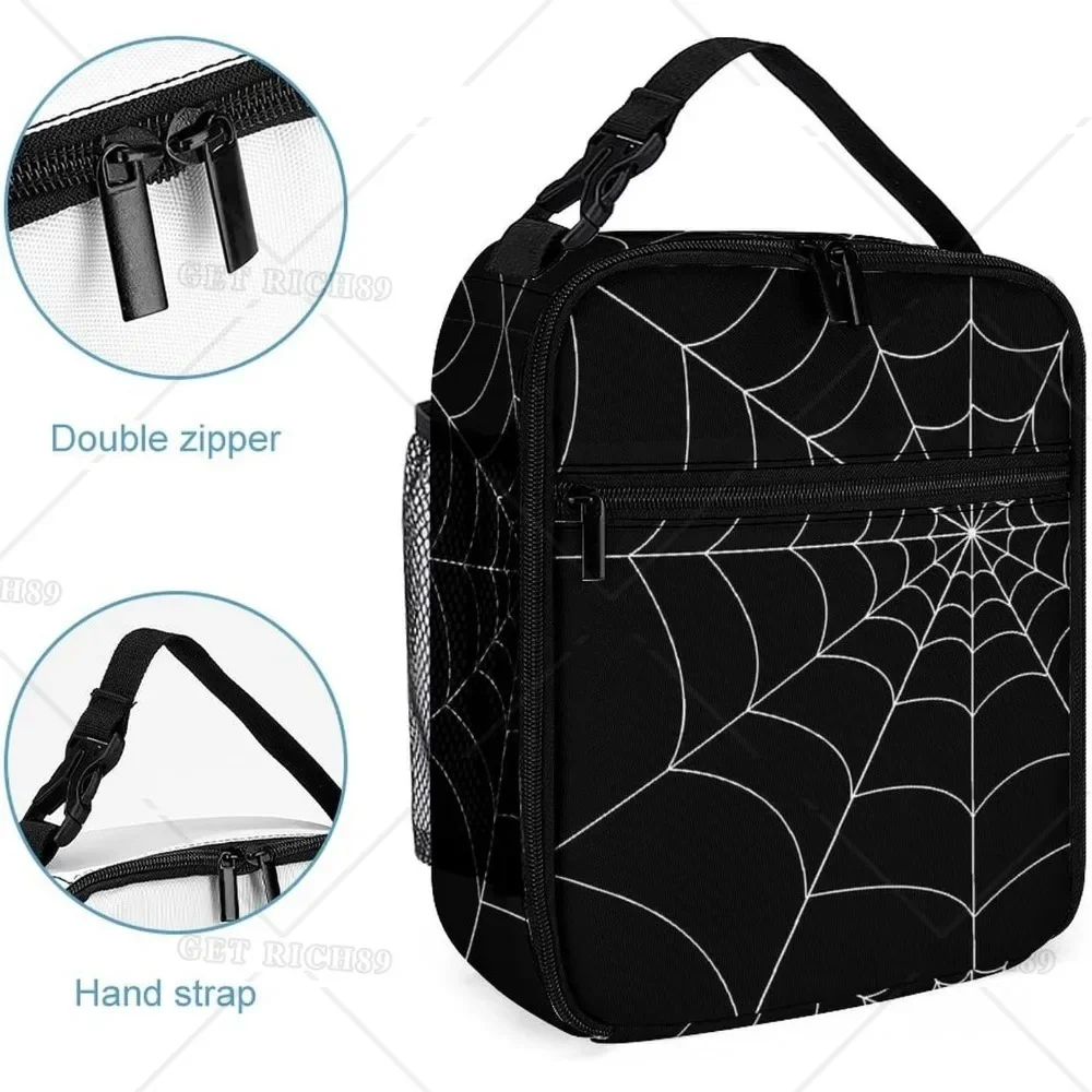 Goth Spider Web Reusable Portable Lunch Bag Cooler Lunch Box Tote Bag with Pocket for Women Men Kids School Office Picnic Travel