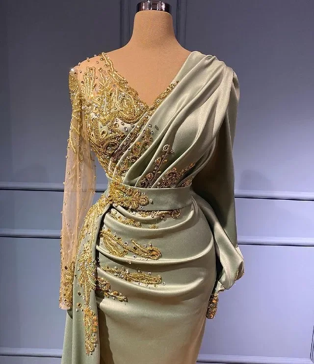 Aso Ebi-Vestidos árabes de sirena de lujo, vestidos de graduación con cuentas de cristales, cuello en V profundo, noche Formal, fiesta de segunda recepción, 2024