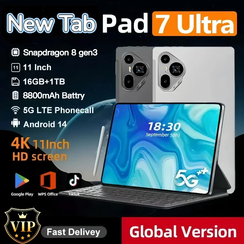

2025 Глобальная версия, оригинальные планшеты Pad 7 Ultra Android 14 16 ГБ + 1 Т, 8800 мАч, планшетный ПК, Wi-Fi, GPS, 11 дюймов, HD 4K, 5G, вкладка с двумя SIM-картами