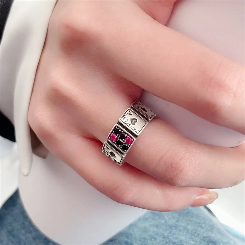 WEDHOC 925 Sterling Silver Colorful Shiny Zircon Vintage Thai Silver Poker A Resizable Opening Ring For Women Luxury Jewelry