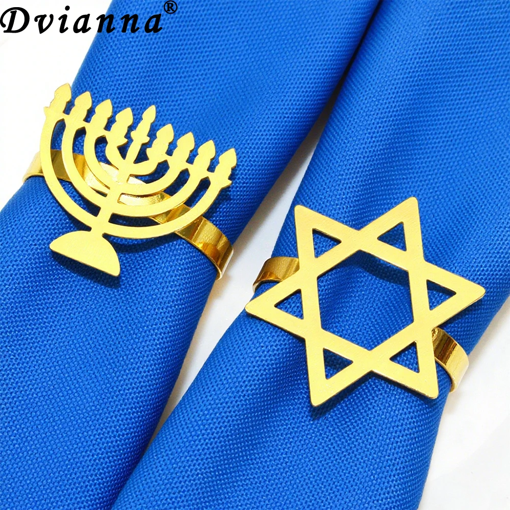 12pcs Hanukkah Menorah & Star of David Napkin Rings Set Gold Metal Jewish Table Decor for Festival Dinner Family Gathering Gift