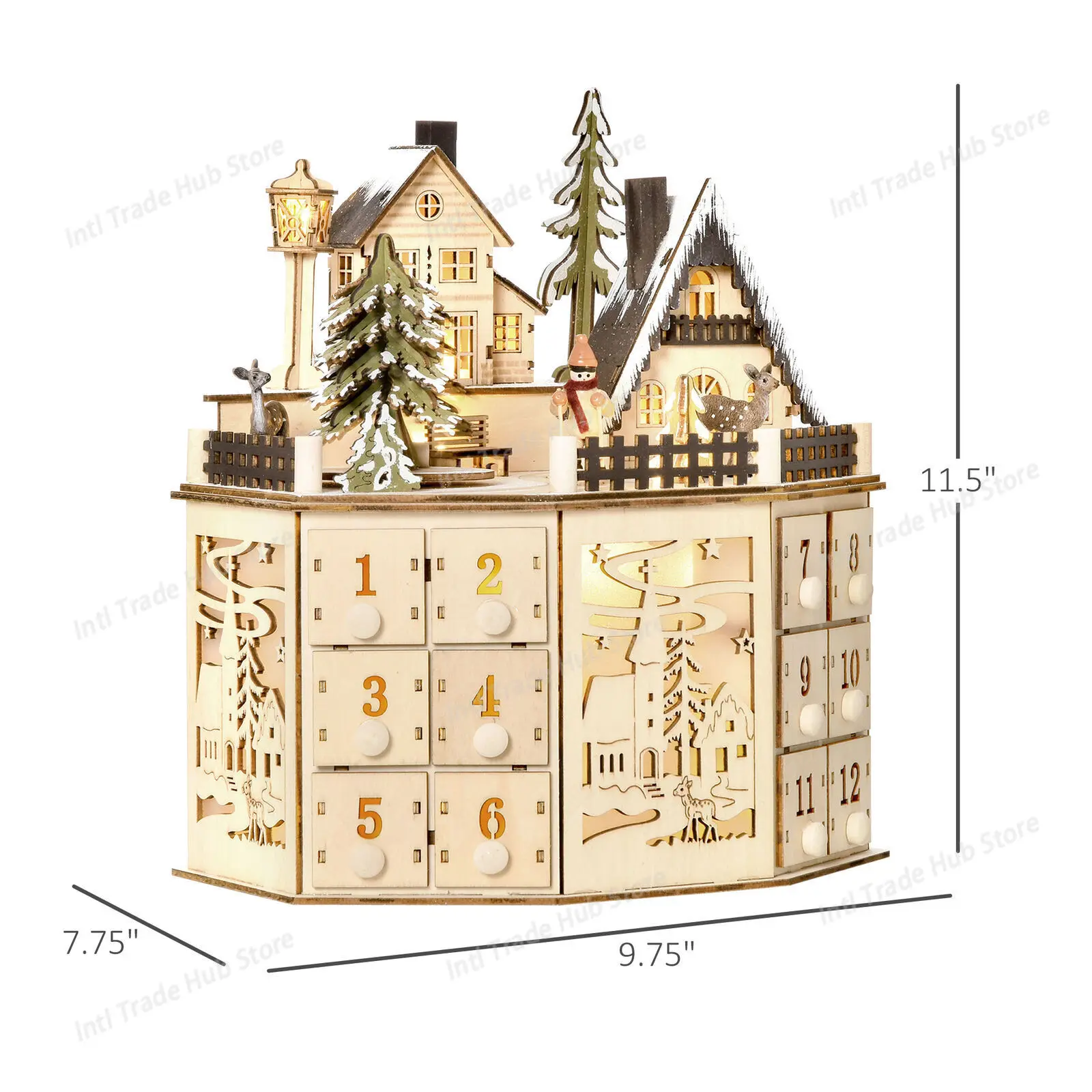 Wooden Christmas 24-Day Advent Musical Calendar, Wooden Christmas Village Scene Advent Ornament