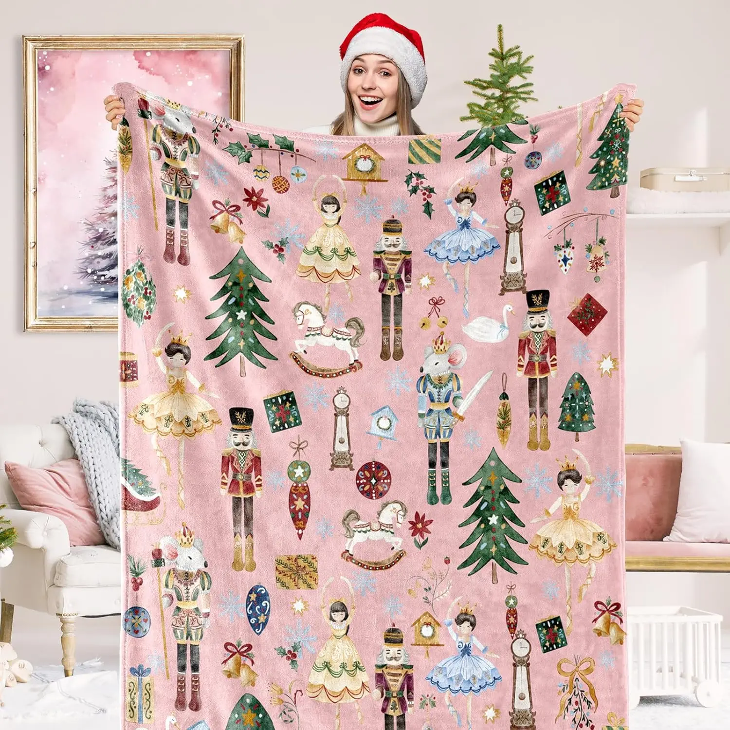 Christmas Fuzzy Blanket Pink Nutcracker Throw Blanket  Cartoon Xmas Flannel Blanket for Winter Home Chair Sofa Bed Couch