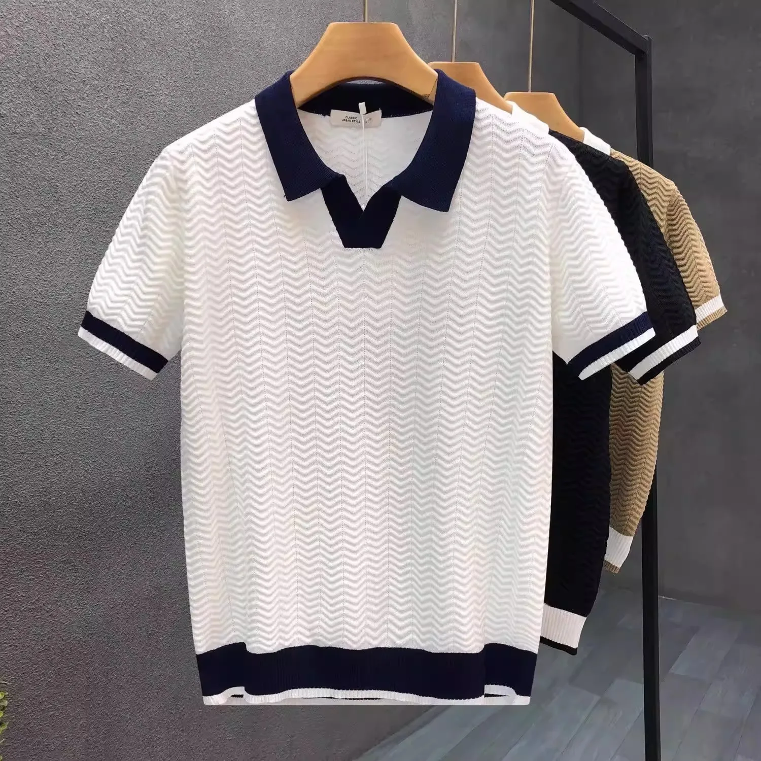 Summer New Fashion Men Color-coded Turn-down Collar V-neck Short Sleeve Simple Basic Casual Loose Trendy Daily Polo Shirts Male