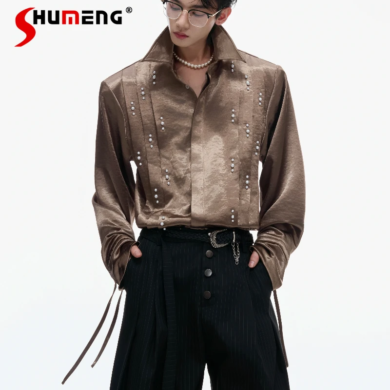 

2025 Men's Autumn New Shiny Ribbon Pearl Decoration Tops Solid Color Long Sleeve Shirts Three-Dimensional Pleat Design Shirts