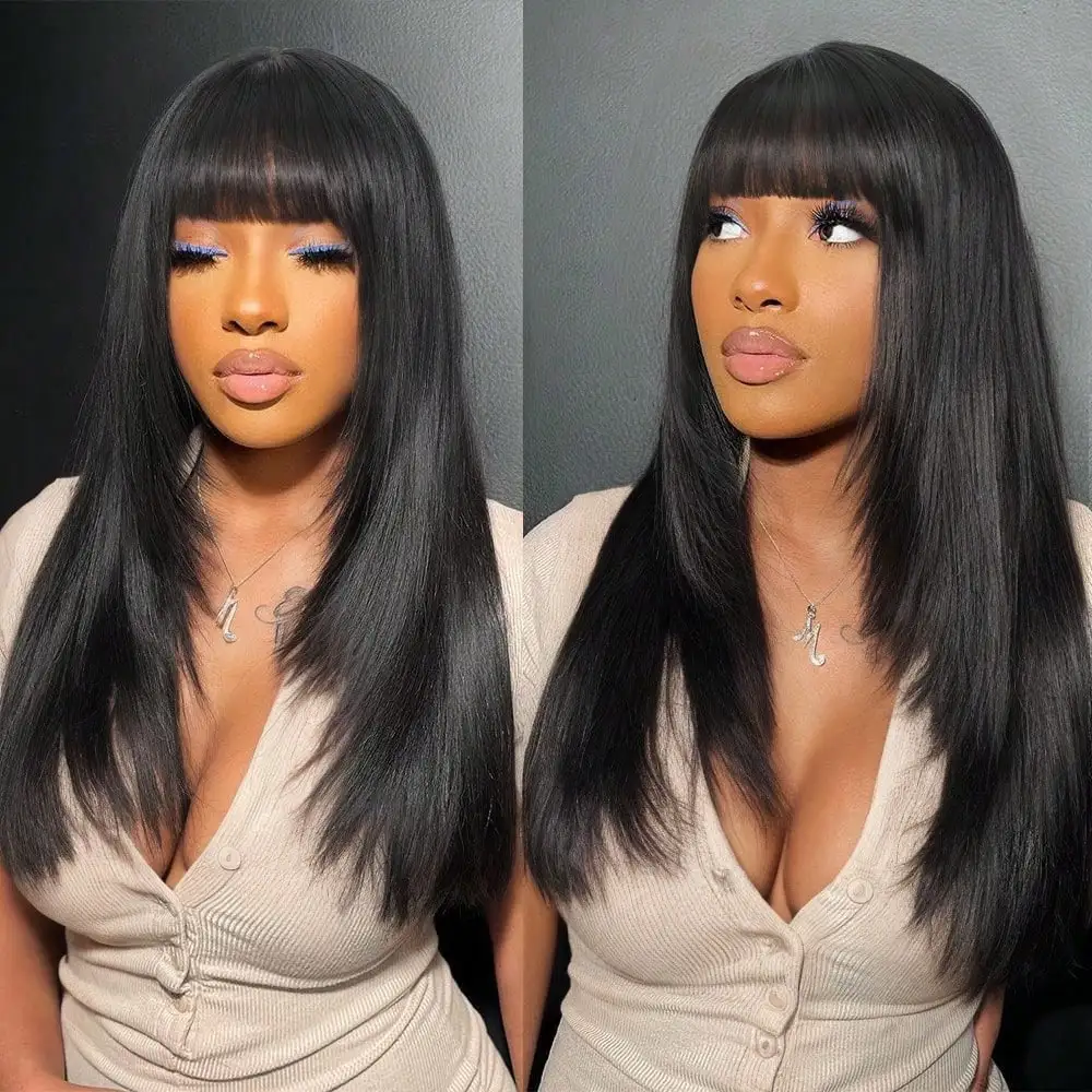 طويل طبيعي الطبقات أسود مستقيم مع الانفجارات الباروكات 24 بوصة شعر مستعار اصطناعي مقاومة للحرارة الشعر للنساء اليومية حفلة تأثيري #4