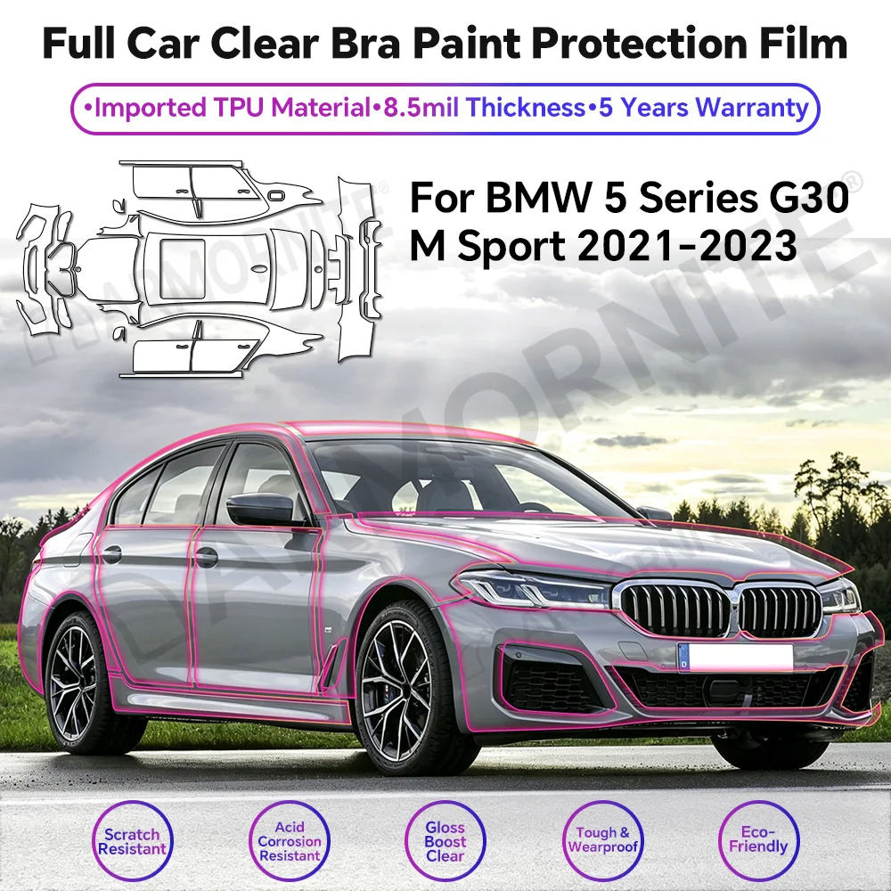 Пленка PPF TPU толщиной 8,5 мил для BMW 5 серии G30 M Sport 2021-2023, предварительно вырезанная, защитная пленка для кузова, антицарапинная, невидимая, прозрачная, устойчивая к повреждениям.