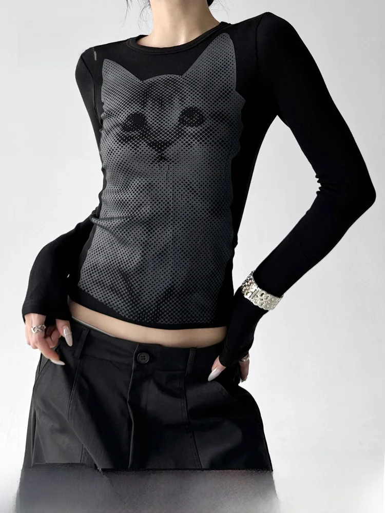 

NZNB Autumn American Print Long Sve Slim Fit Women's T-irt Winter oulder Length Base irt Hot Girl Sle round Ne Top