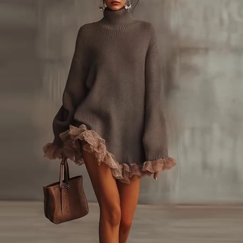 

New Fashion Long Sleeve Turtleneck Sweater Dress Women Autumn Winter Ruffle Patchwork Knitted Sweater Party Mini Dress Women