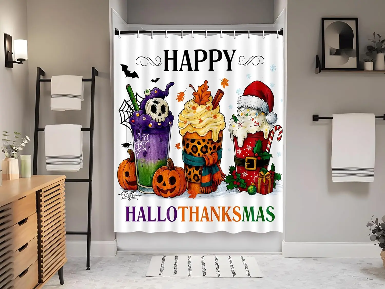 ستارة دش الهالوين لأكواب الحمام، عيد الميلاد، الخريف، عيد الشكر، عيد الميلاد مع 12 خطافًا، ديكور 72 × 72 بوصة