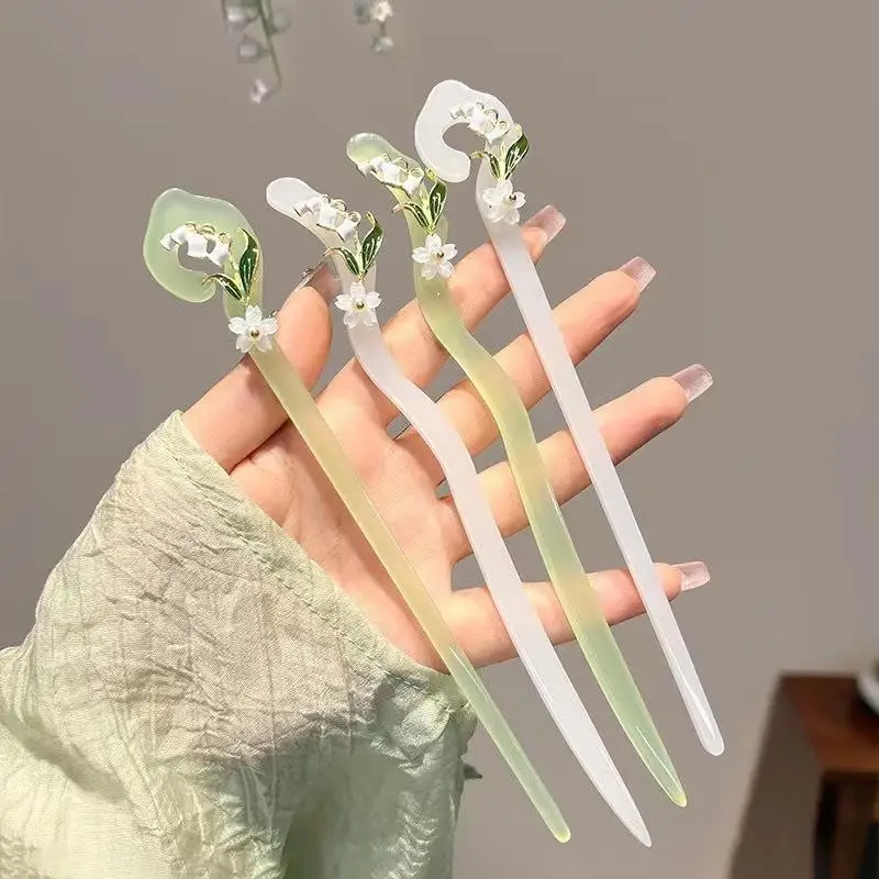 Horquillas con forma de flor de orquídeas y campana china para mujer, palillos para el cabello Retro para fiesta diaria, accesorios para el cabello Hanfu elegantes