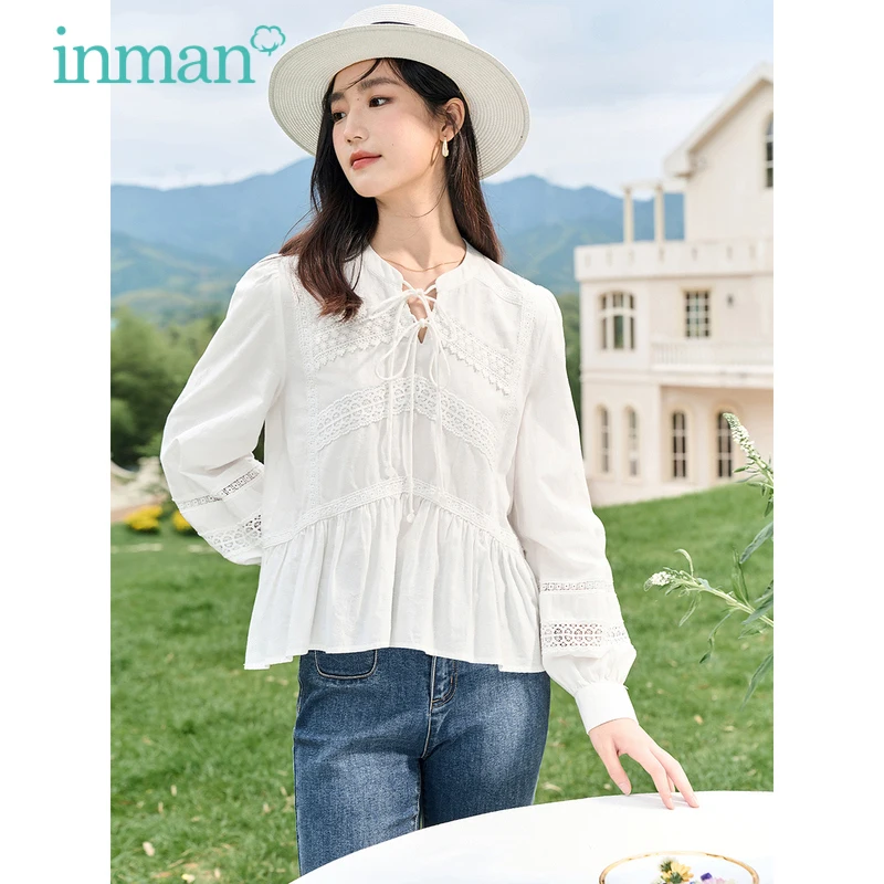 

INMAN Women Blouse 2023 Autumn Long Sleeve Lace U Neck Loose Shirt Hollow Out Jacquard Casual Comfort White Tops