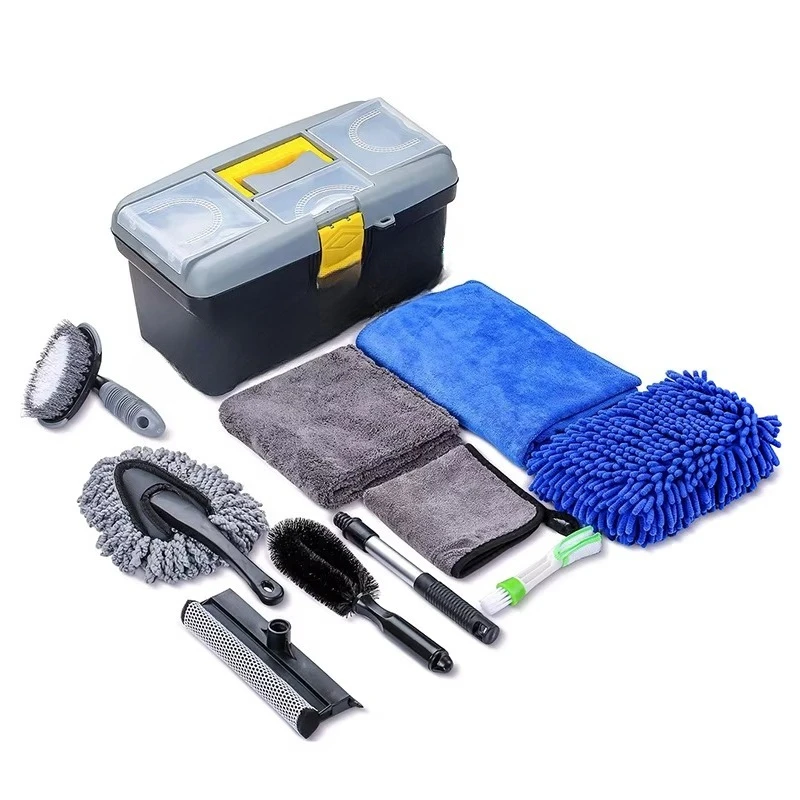 10Pcs Car Cleaning Kit Detail Interior Premium Microfiber Cleaning Cloth Car Wash Gloves Tire Brush Window Water