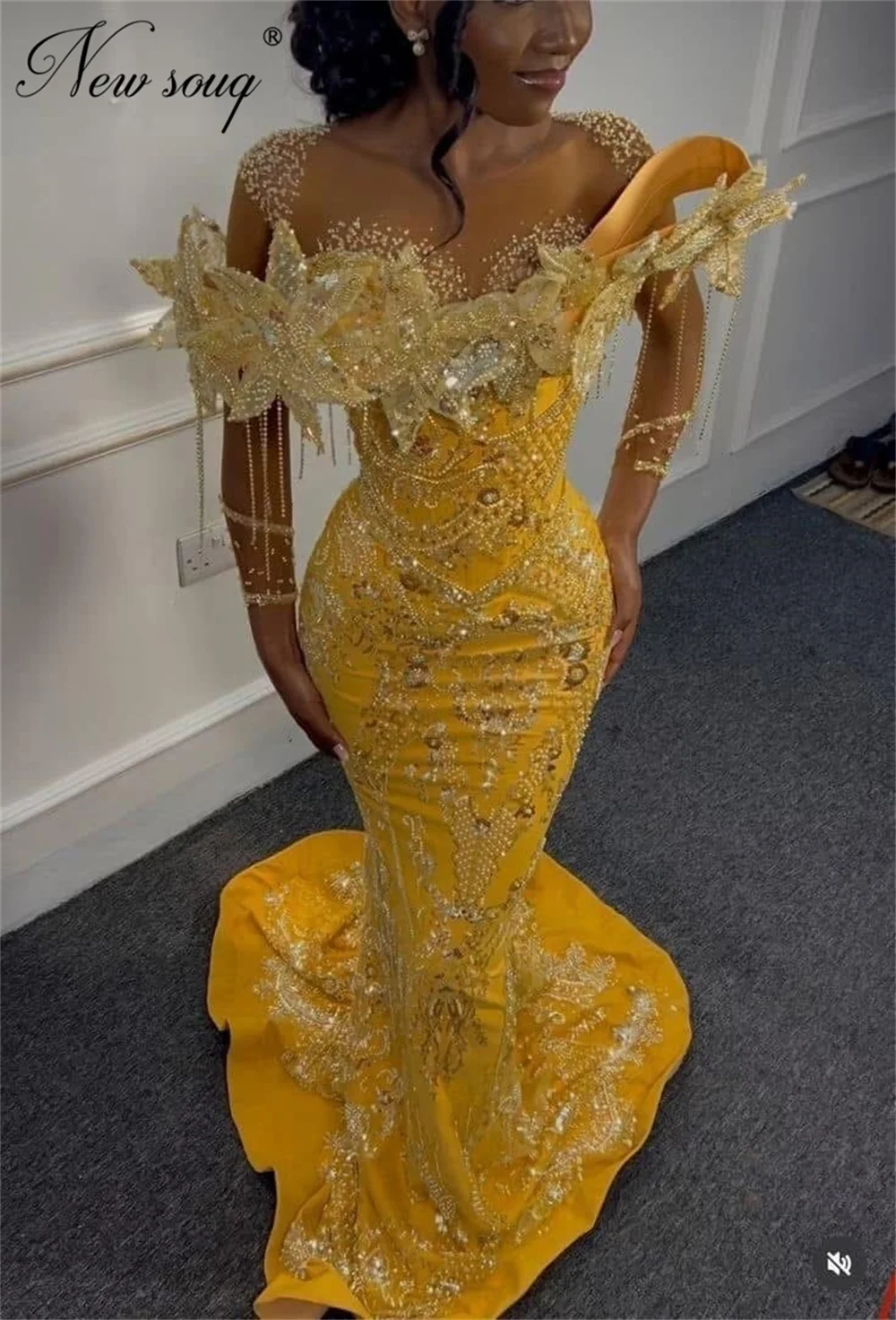 Nigeria Yellow Mermaid Evening Dresses Elegant African Beaded Prom Dress Pearls Wedding Party Gowns Vestidos De Noche Customized