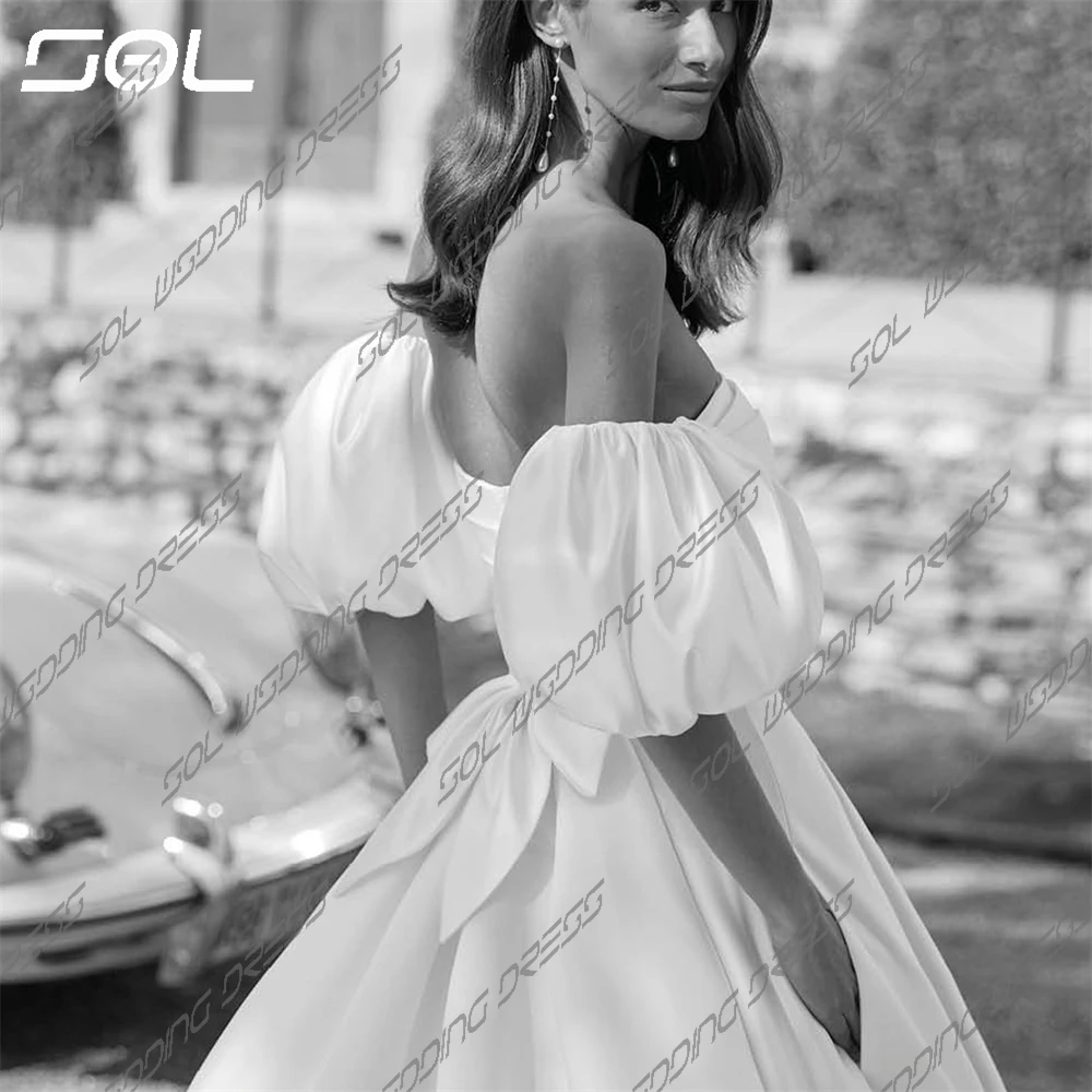 SOL-Robes de mariée en satin plissées à manches bouffantes amovibles, poignées simples, BO00-bretelles, dos nu, A-ligne, patients, quelle que soit la robe éducative de mariage