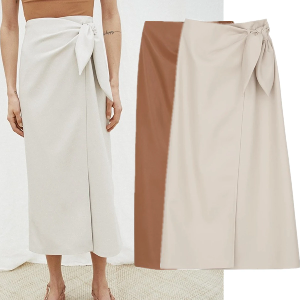 Withered High Waist Straight Midi Skirt Women Soft Leather Skirt Women Minimalism Fashion Ladies Leisure Commuter Bow