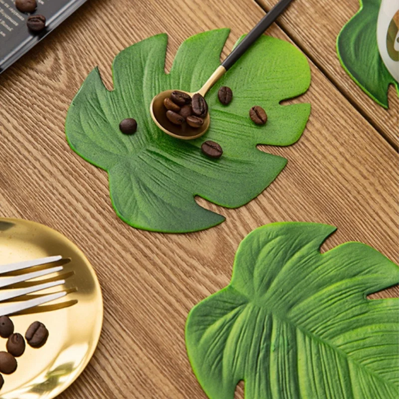 6Pc Tropical Artificial Palm Leaves EVA Coasters Cup Bowl Pad Mat Coffee Tea Cup Mats Drink Coasters Hawaii Theme Party