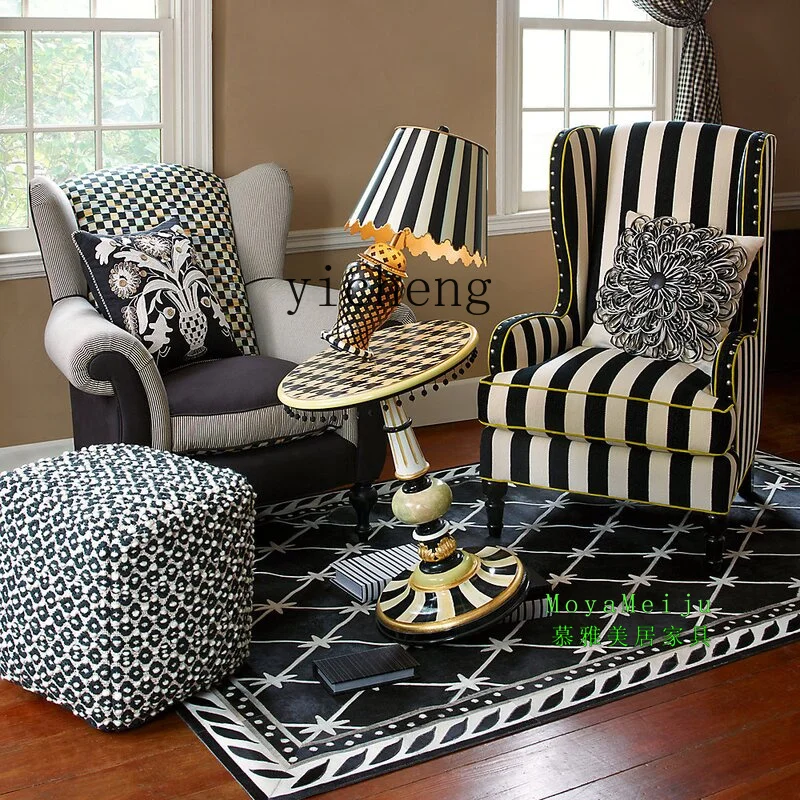 

ZYA black and white striped sofa combination country fabric chair retro cotton and linen single high back chair