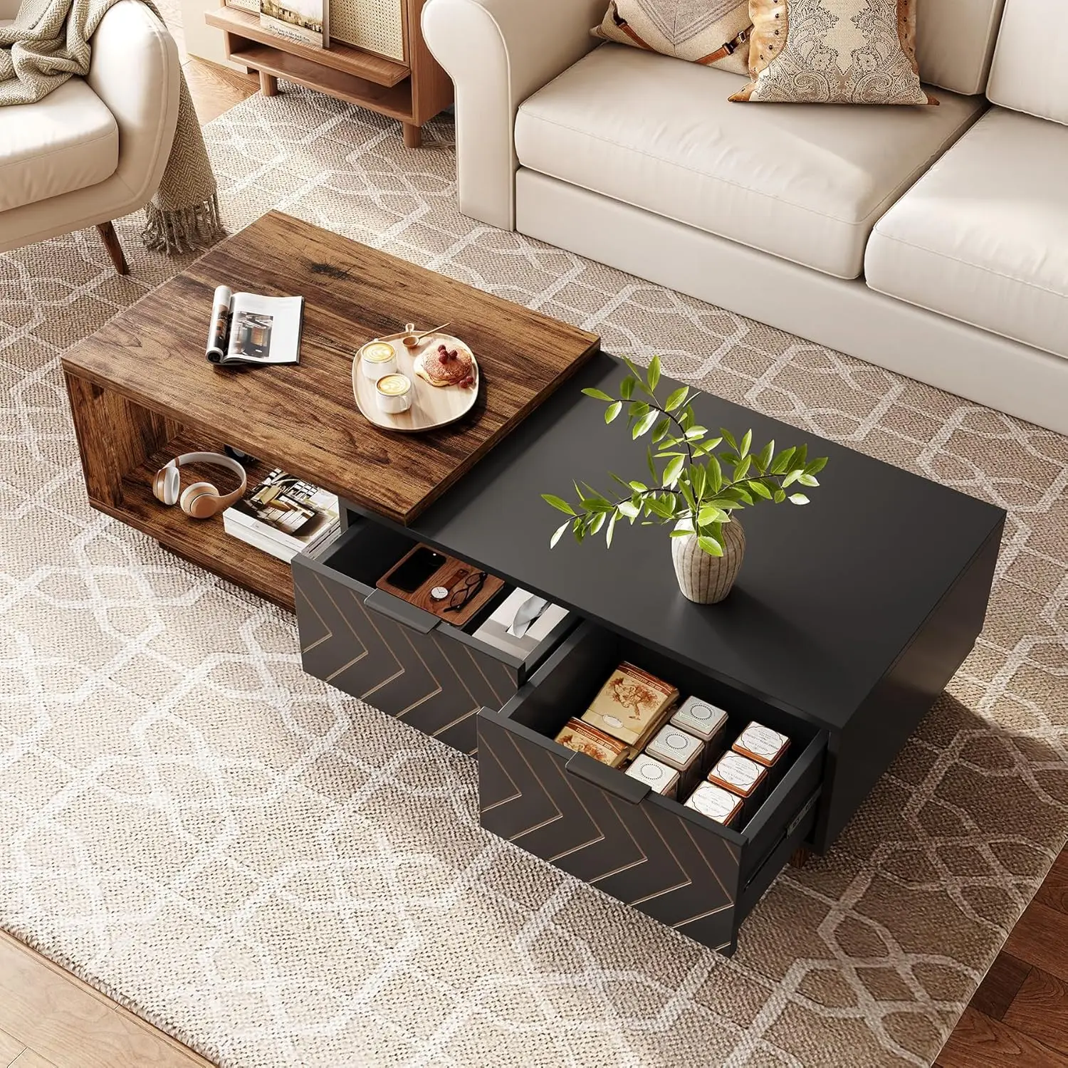 Farmhouse Expandable Coffee Table - Brown&Black Rectangular Wooden Center Table with 2 Drawers,Space-Saving forLivingRoomOffice