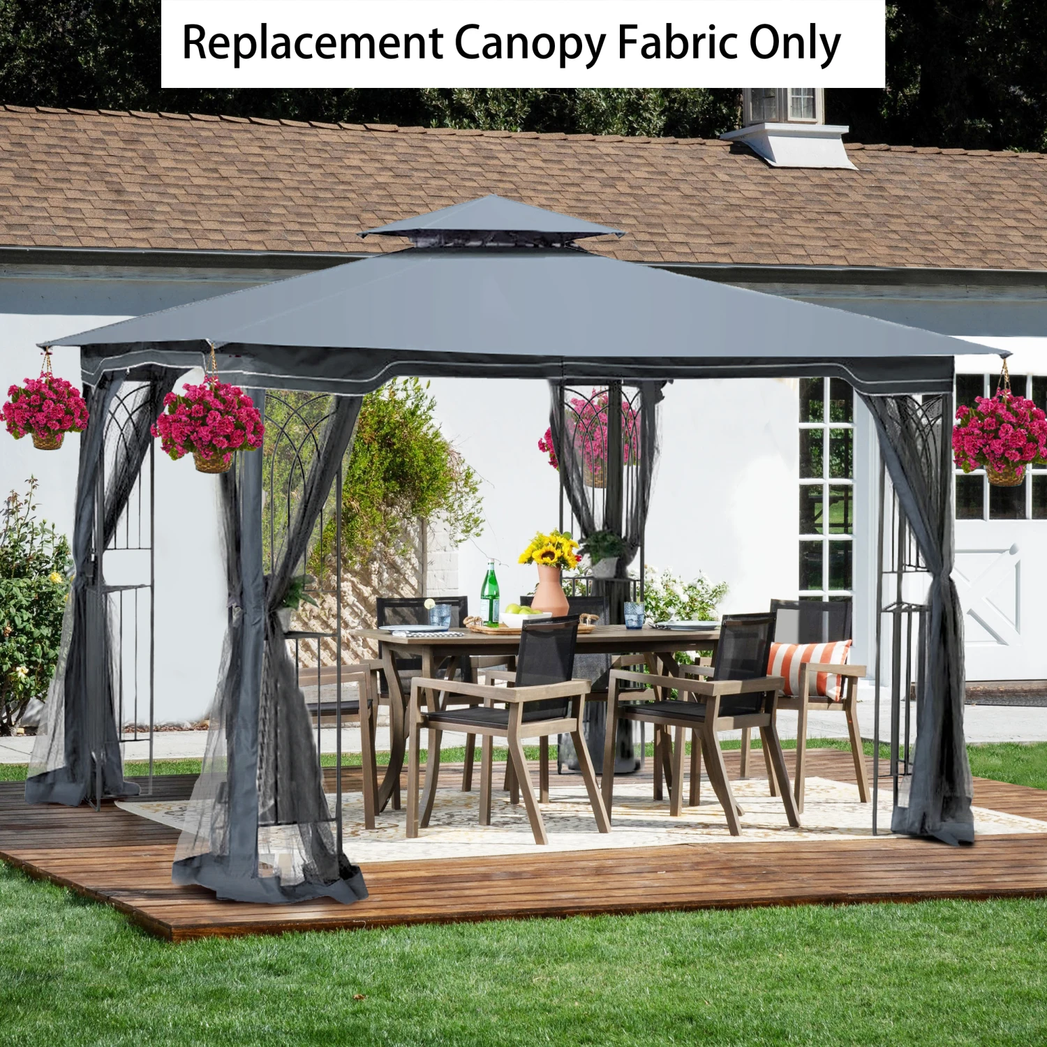 

10x10 Ft Patio Double Roof Gazebo Replacement Canopy Top Fabric, Gray