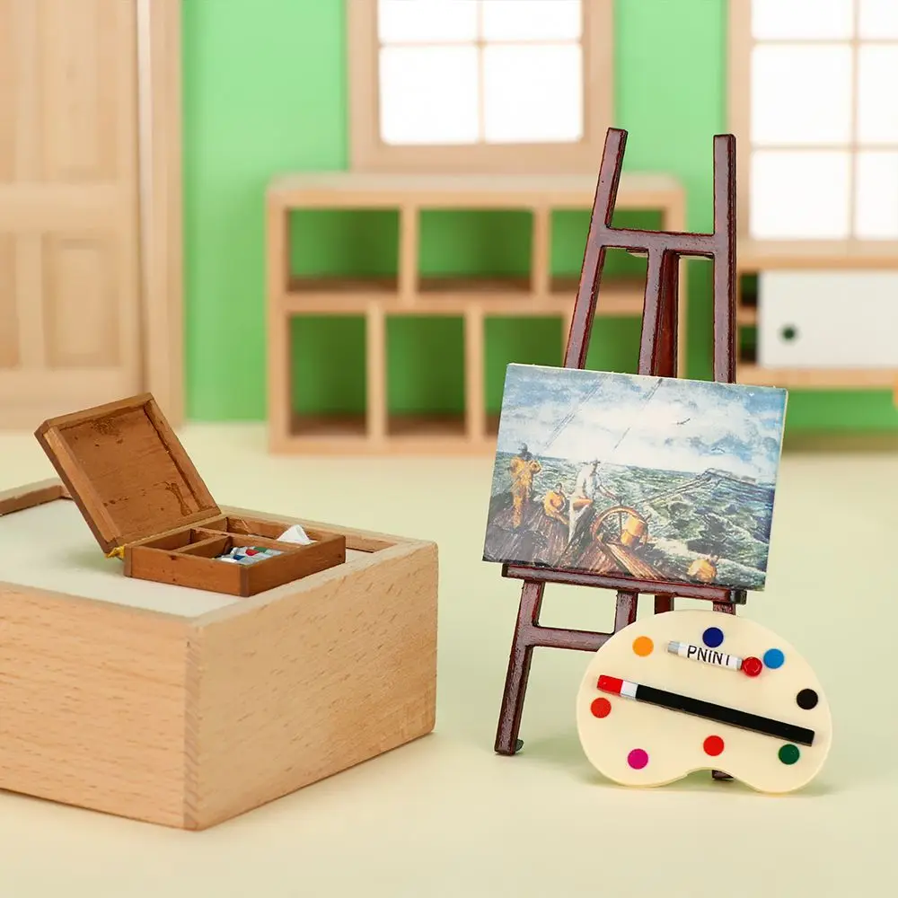 1:12 Dollhouse Miniatures Wooden Miniature Easel Mini Artist Paint Pen Drawing Board Model Set Dolls DIY Dollhouse Decoration