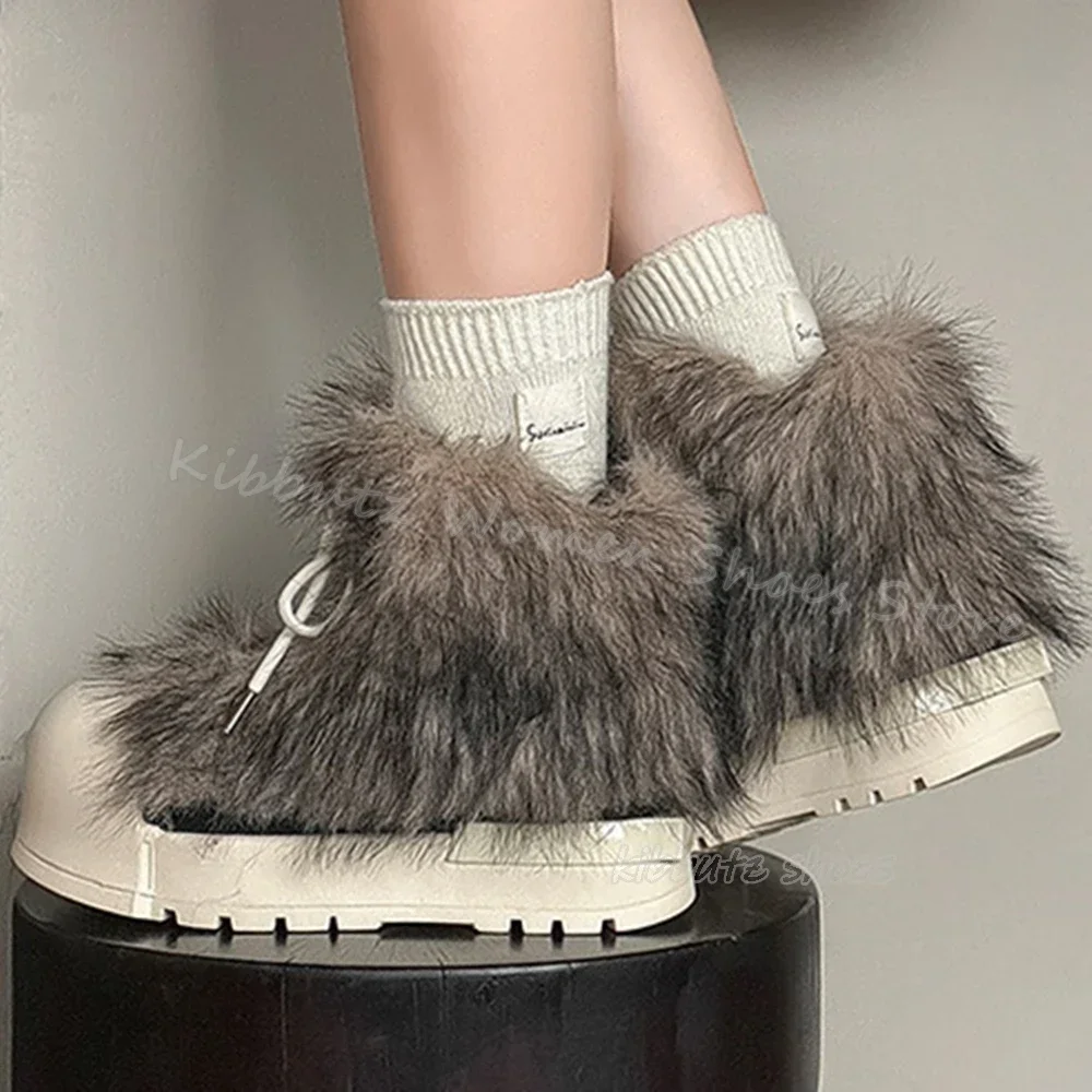 Furry Warm Winter Ankle Boots Snow Platform Round Toe Height Increasing Lace-Up Women Shoes Newest Fashion Novelty Sexy Concise