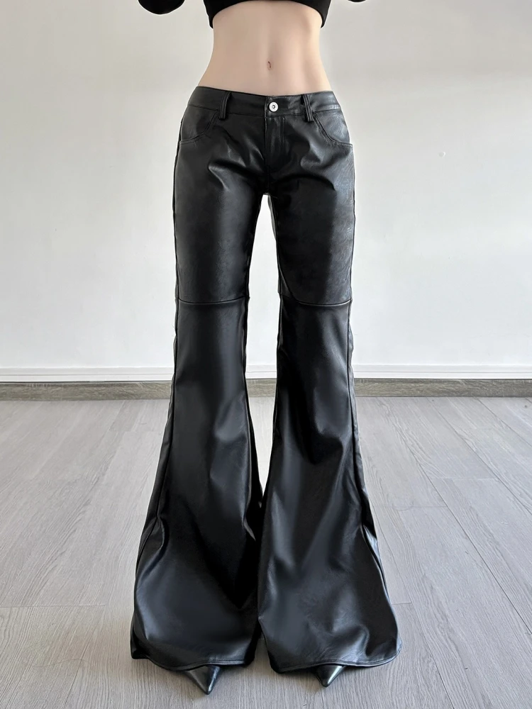 

Solid Black Pants Women Y2k Clothes Low Waist Roupas Femininas PU Pantalones De Mujer Pockets Trousers Korean Style Streetwear