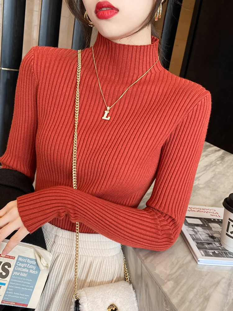 Maglione lavorato a maglia Donna Pullover Nuova manica lunga Collo a lupetto Maglione lavorato a maglia bianco Pullover Donna Top Maglioni Sueters De Mujer Q759