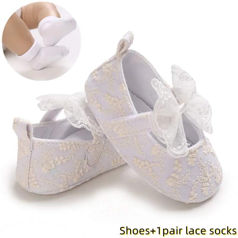 

Lace Fashion Newborn White Baby Shoes Non-slip Cloth Bottom Shoes For Girl Elegant Breathable Leisure Baby First Walking Shoes