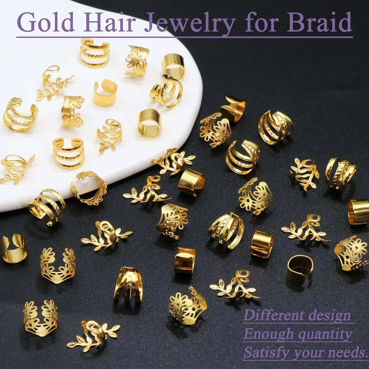 40pcs Gold & Silver Hollow-out Olive Branch Design Dreadlock Hair Cuffs Set - Hair Accessories