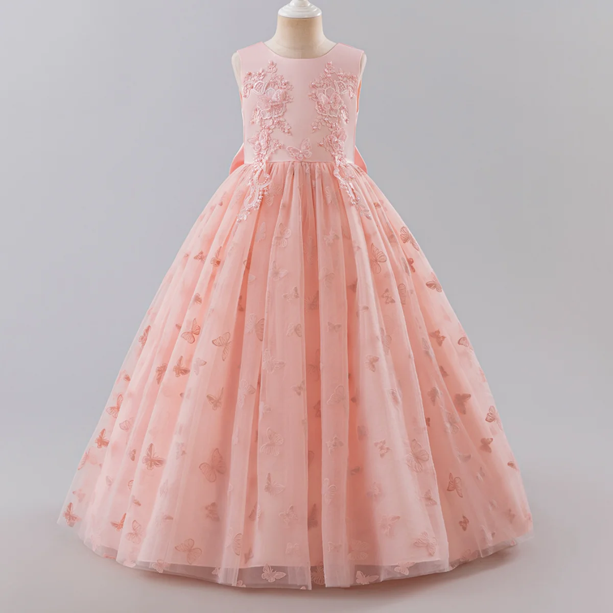 فستان الأميرة الشبكي الجديد للفتيات ذو الفراشة الطويلة بلون سادة بدون أكمام، فستان سهرة لأداء البيانو لفتاة الزهور