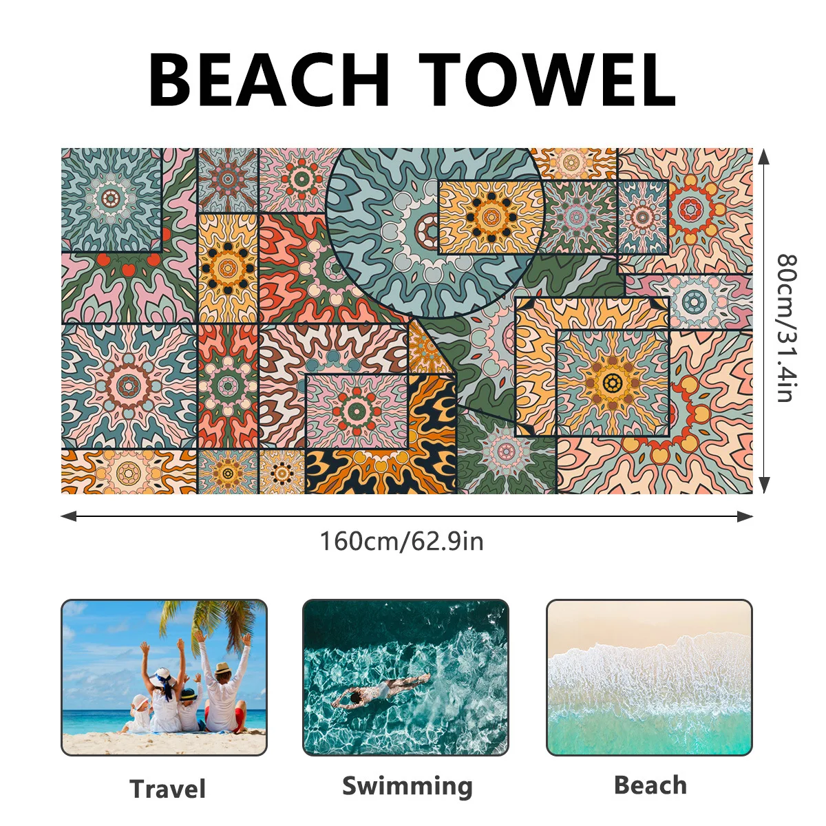 Double sided velvet sun protection beach towel, ultra-fine fiber quick drying towel, summer printed shawl beach towel